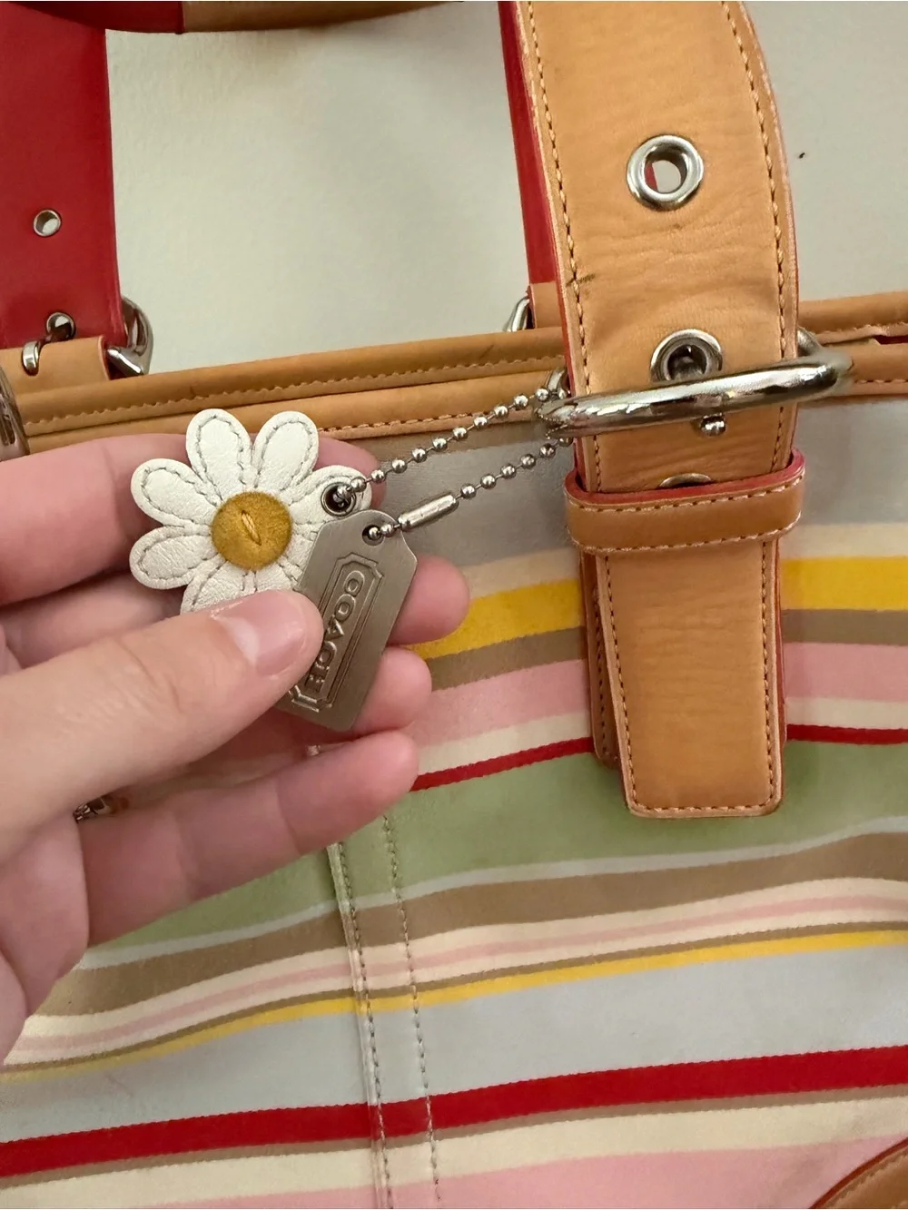 COACH Hampton Daisy Vachetta Leather Twill Multicolor Canvas Small Tote Bag 4435